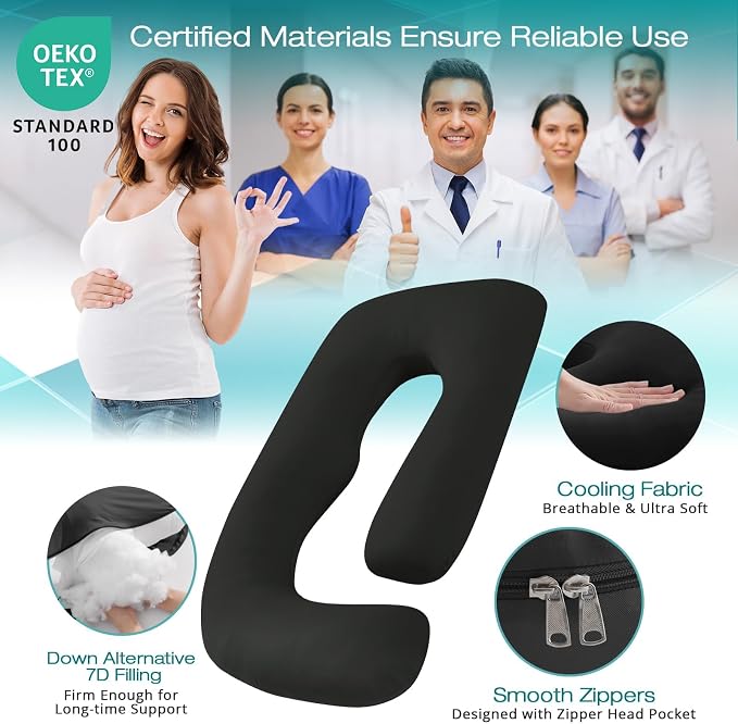 Sasttie Pregnancy Pillows for Sleeping, U Shaped Cooling Full Body Pillow with Removable Cover, Pregnant Women Must Haves, Maternity Essential, Black