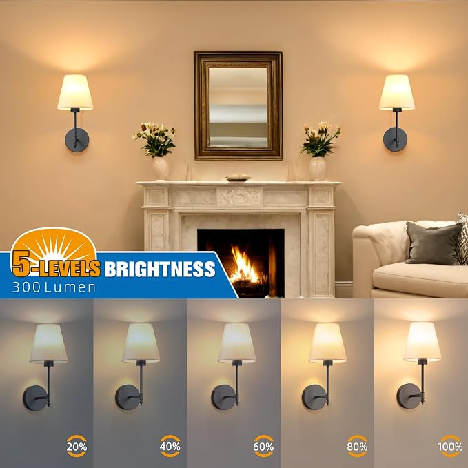 14.5 inch Battery Operated Wall Sconce Set of 2,Black Rechargeable Wall Lights with 5200mAh Dimmable Detachable Bulbs and Remote,9 Colors Wireless Sconces for Bedroom Living Room Hallway Decor