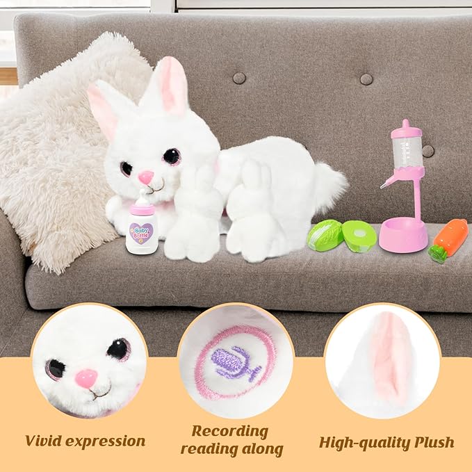 Nurturing Bunny Stuffed Animal with 2 Plush Babies, Interactive Baby Stuffed for Girls and Boys Plushy Mommy Rabbit with Baby Rabbits for Birthday Party Favors Gifts