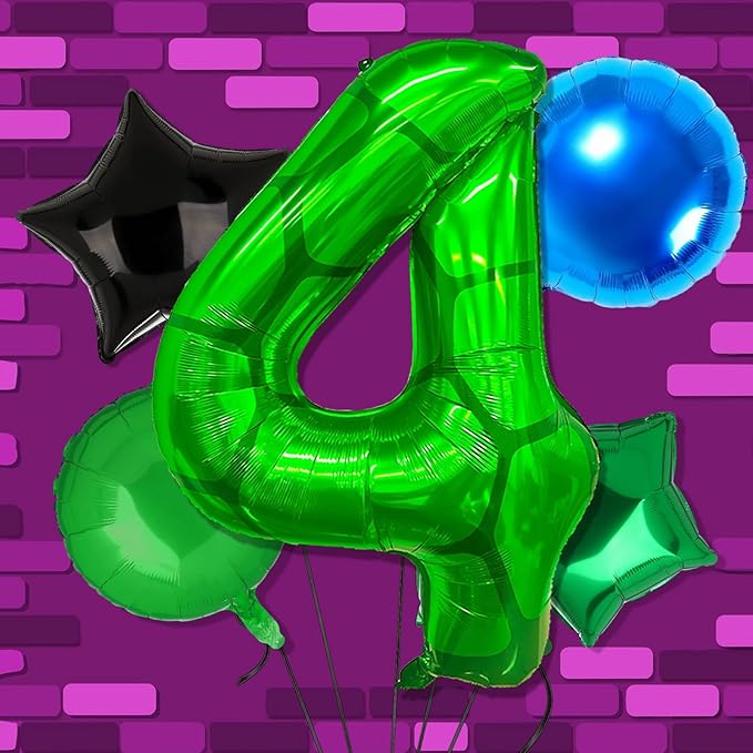 5Pcs Cartoon Turtle Theme Birthday Decorations 40 Inch Number 4 Foil Balloons Super Green Turtle Themed Hero Large Mylar 4th Number Balloon Video Game Party Favors Blue