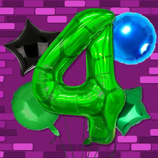 5Pcs Cartoon Turtle Theme Birthday Decorations 40 Inch Number 4 Foil Balloons Super Green Turtle Themed Hero Large Mylar 4th Number Balloon Video Game Party Favors Blue