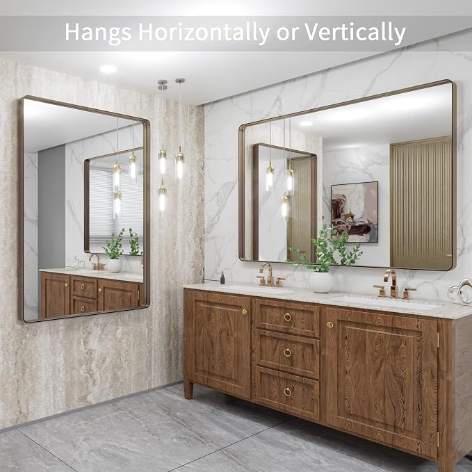 LOAAO 48"X36" Bronze Bathroom Mirror | Rounded Rectangle, Brushed Bronze Metal Frame, Anti-Rust, Tempered Glass, Hangs Horizontally or Vertically
