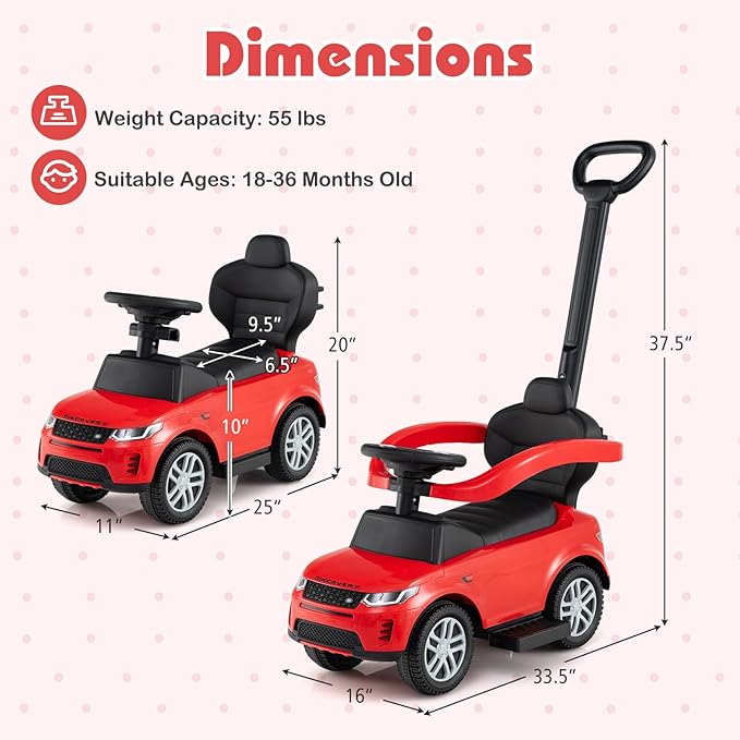 Costzon Push Car for Toddlers, 3 in 1 Land Rover Discovery Stroller Sliding Walking Car with Handle, Horn Sound, Underneath Storage, Armrest Guardrail, Foot-to-Floor Ride On Toy for Boys Girls (Red)