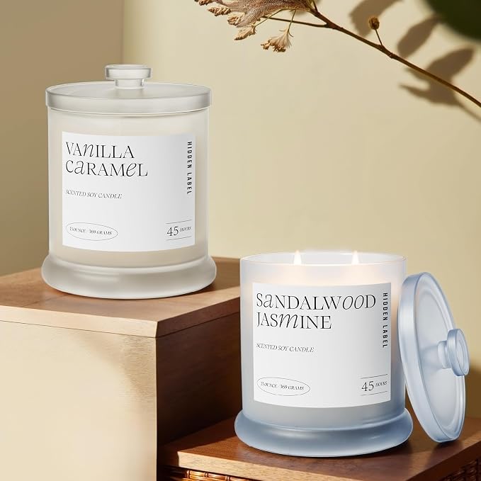 Hidden Label Sandalwood Jasmine Candle, 13oz 2-Wick Soy, 45H Aromatherapy | 45+ Hour Burn | Woody Floral Essential Oils | Non Toxic Plant Wax | Frosted Glass Home Decor | Meditation Gift
