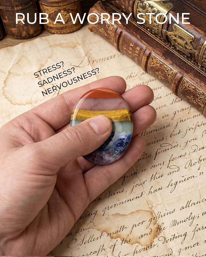 7 Chakra Thumb Worry Stone for Anxiety Relief - Natural Healing Crystals for Stress Relief, Meditation & Reiki - Oval Pocket Sensory Fidget Alleviate - Spiritual Birthday Gifts for Women & Mom