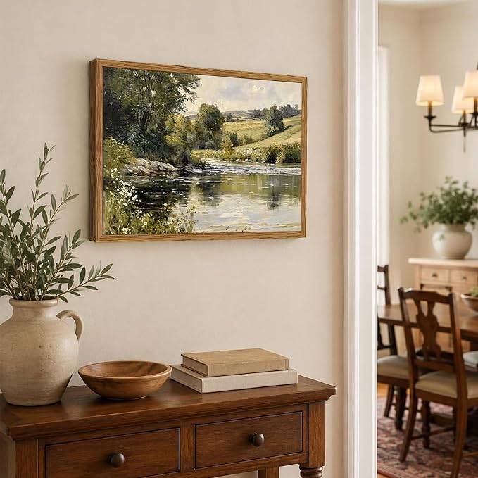 Framed Vintage Landscape Wall Art, Country Nature River Pictures Wall Decor, Rustic Field Paintings Canvas Prints Farmhouse Home Decor Aesthetic for Living Room Bedroom Bathroom 16x24 inch