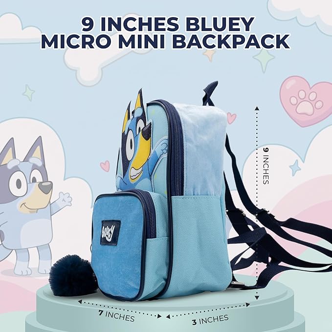 AI ACCESSORY INNOVATIONS Bluey 9” Micro Mini Backpack Purse Featuring a 3D Bluey Glitter Patch with Pom Pom Dangle, Blue