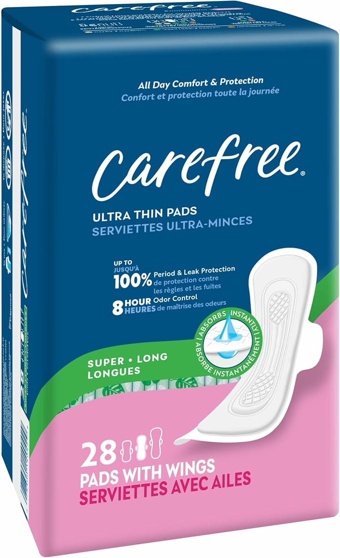 Carefree Ultra Thin Pads for Women, Super/Long Pads with Wings, 28ct | Carefree Pads, Feminine Care, Period Pads & Postpartum Pads | 28ct (Pack of 1)