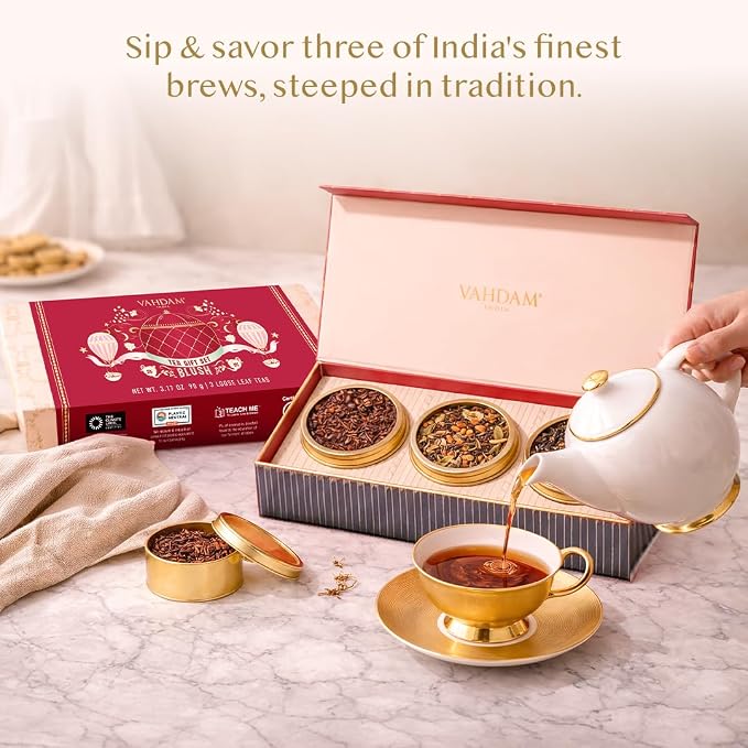 VAHDAM, BLUSH - Assorted Tea Gift Set, 3 Premium Teas in Tin Caddy Presentation Box | Loose Leaf Teas | Gift for everyone
