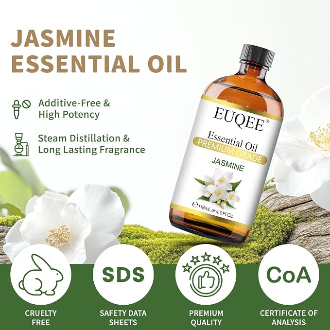 EUQEE Jasmine Essential Oil 118ml Premium Jasmine Oil for Aromatherapy, Diffuser, DIY Soap, Candle Making - 4Fl Oz