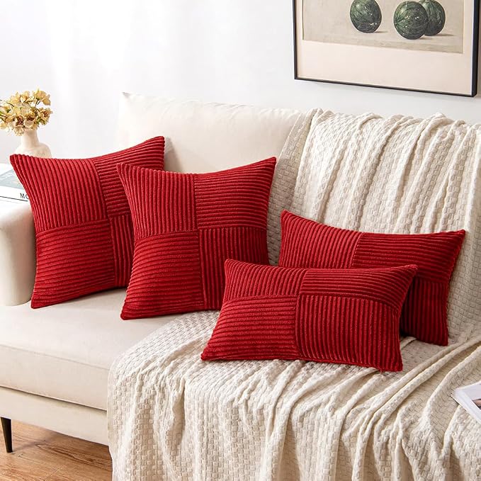 MIULEE Christmas Red Decorative Throw Pillow Covers for Couch 18x18 Inch | 2 Pack, Boho Farmhouse Pillow Covers, Soft Cross Corduroy Patchwork Textured Cushion Cases For Bed Sofa