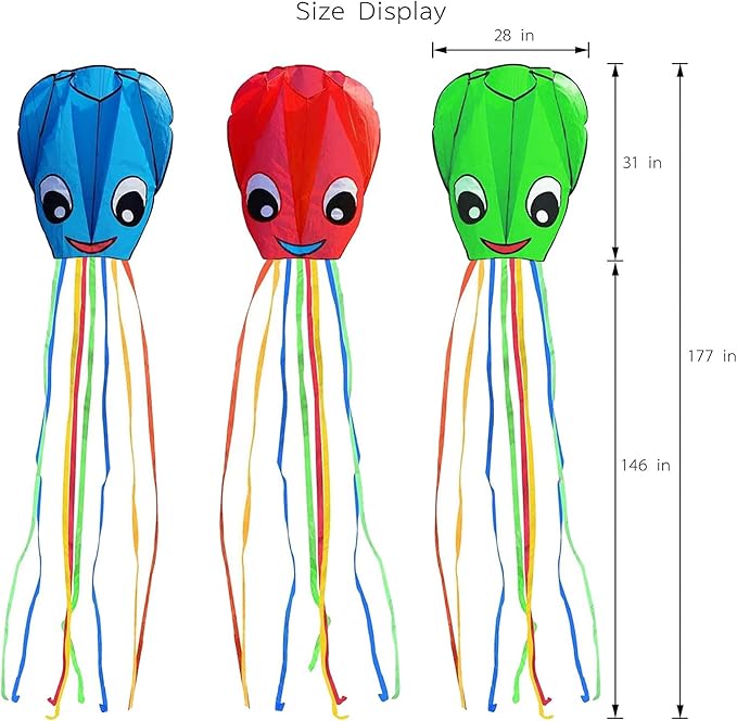 3 Pack Large New Upgraded Smiley Octopus Kites, Long Tail Beautiful Kite for Kids Adults Easy Fly to for Beach Great Outdoor Games and Activities with Family, Red Blue Green 3 Colors