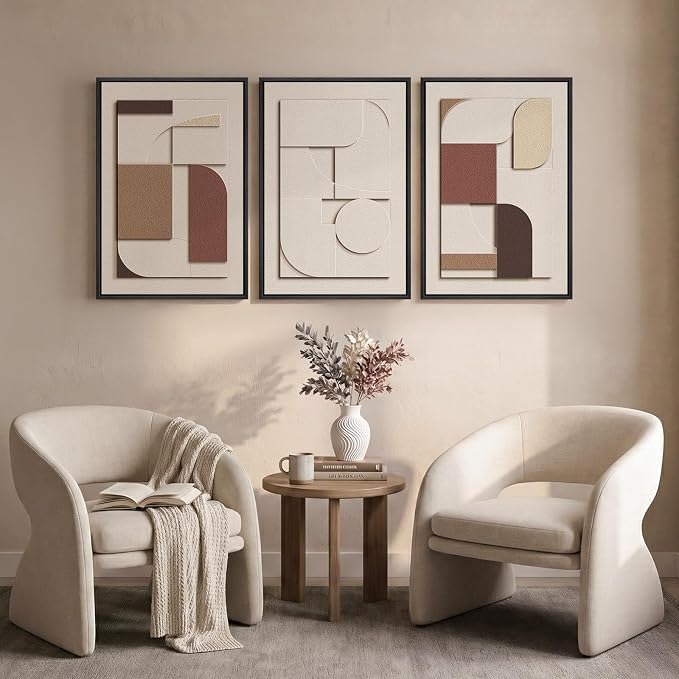 3D Textured Framed Neutral Wall Art, Brown Tan Beige Geometric Texture Artwork for Walls, 3 Piece Minimalist Modern Sandstone Art Painting for Living Room Hallway Office Kitchen Wall Decor, 16x24 Inch