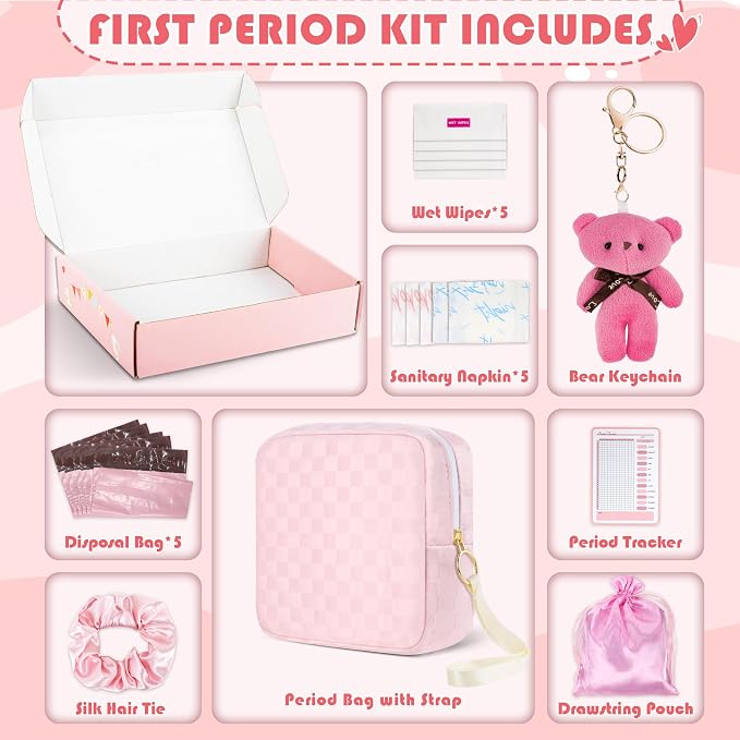 Likesing First Period Kit for Girls, 5.3" Checkered Tampon Holder for Purse, Menstrual Starter Tampon Bag Pad Pouch, Emergency Sanitary Napkin Storage Bag Teen Period Kit Gifts for Tweens