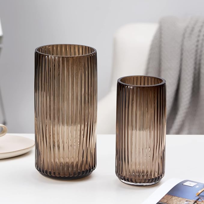 Flower Vase 10 inch Amber Thickened Hand Blow Glass Vase Round Vintage Striped Bottles for Bookshelf,Dinner Table,Indoor Office Desktop,Meeting Room,Bathroom,Home