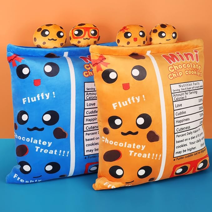 Cookies Plush Pillow Throw Pillow, Yummy Food Pillow Bag of Cookies Plushies, Cute Stuffed Plush Toys Food Stuffed Animal, Plush Gift for Kids, Birthday, Baby Shower (8 pcs, Blue)