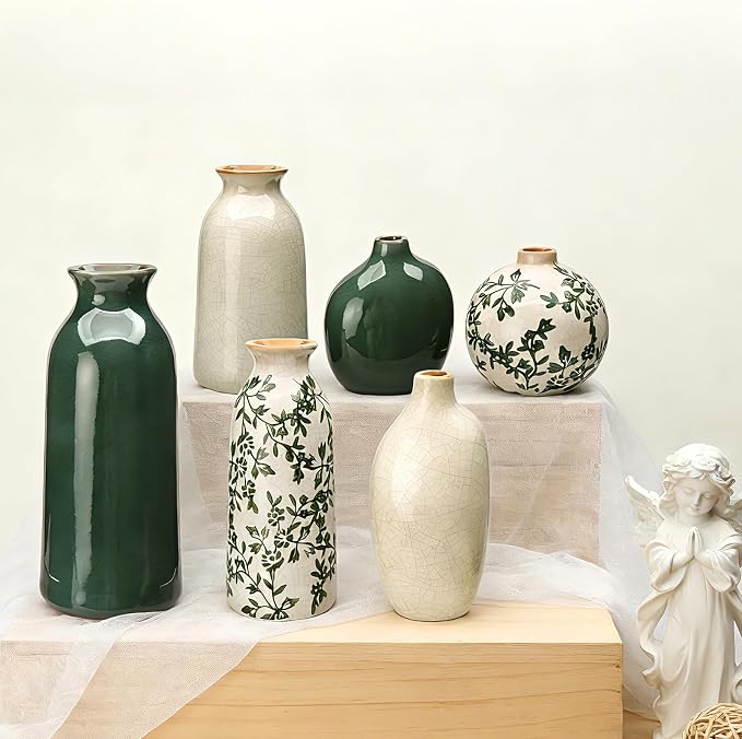 Ceramic Vase Set of 6，Flower Vases，Small Vases for Pampas Grass | Vintage Vase for Centerpieces,Home Decor,Kitchen Decor,Ceramic Vases for Chinoiserie,Shelf Decor, Table, Living Room Bedroom