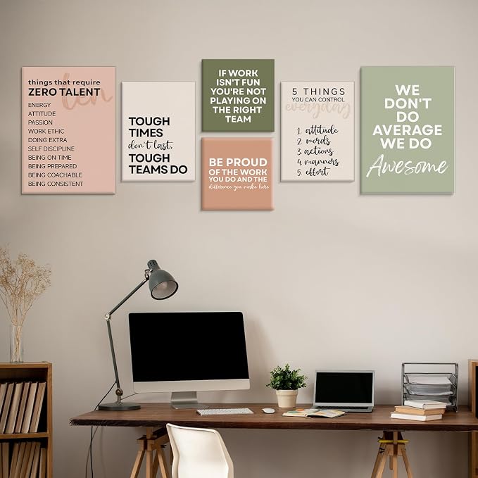 Framed Motivational Office Wall Decor, Set of 6 Boho Inspirational Teamwork Canvas Wall Art, Office Artwork Decorations for Work, Positive Quotes Team Gifts for Team Leader Boss