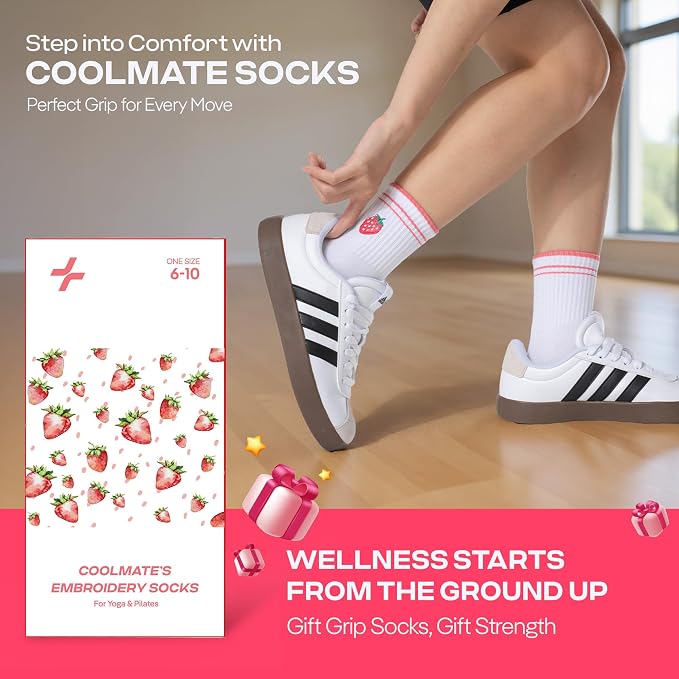 COOLMATE Pilates Socks with Grips for Women, Yoga Socks, Crew Non Slip Women for Barre, Pilates Gifts for Women