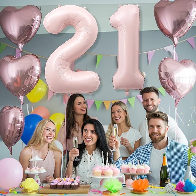 Big Number 21 Balloons, Dusty Light Blush Pink Foil 21 Balloon Numbers 40 Inch, Giant 21st Birthday Party Decor, Pastel Baby Pink Mylar Helium Self Inflating Balloon for Women Anniversary Decorations