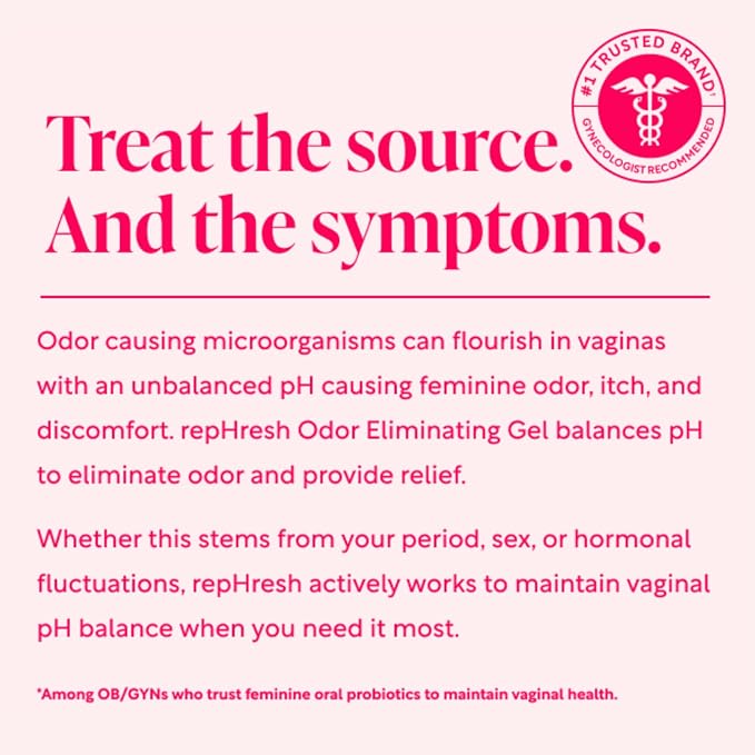 Rephresh Odor Eliminating Vaginal Gel, Fragrance Free, Balances Vaginal pH, Odor Control Up to 3 Days, 4 Pre-Filled Applicators (Pack of 2)