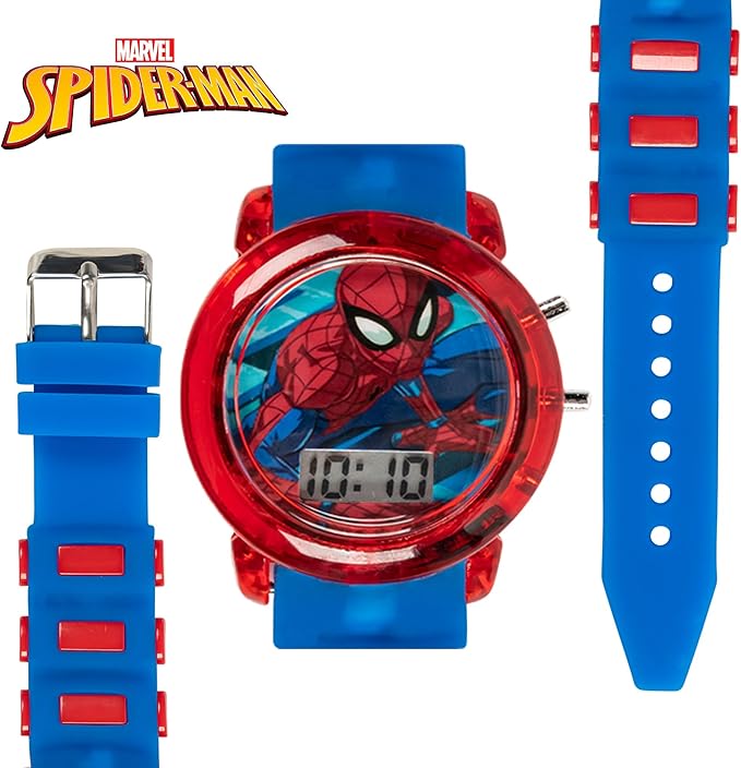 Marvel Spider-Man Kids' LCD Watch – Flashing LED Bullet Band, Digital Time Display, Red & Blue Design, Durable Plastic Case, Adjustable Silicone Strap – Fits Wrists 5.5" to 8"