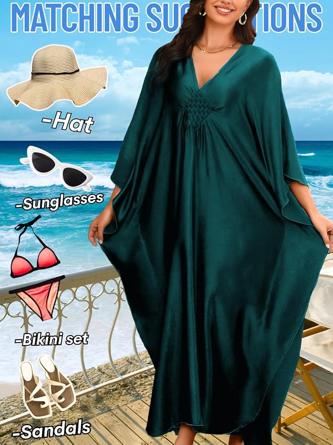 ChiaoLezhee Print Moo-Moos for Women, Kaftan Cover-Up Dresses, Sexy V-Neck High-Slit, Beach Pool-Party Coverups Muumuu Plus
