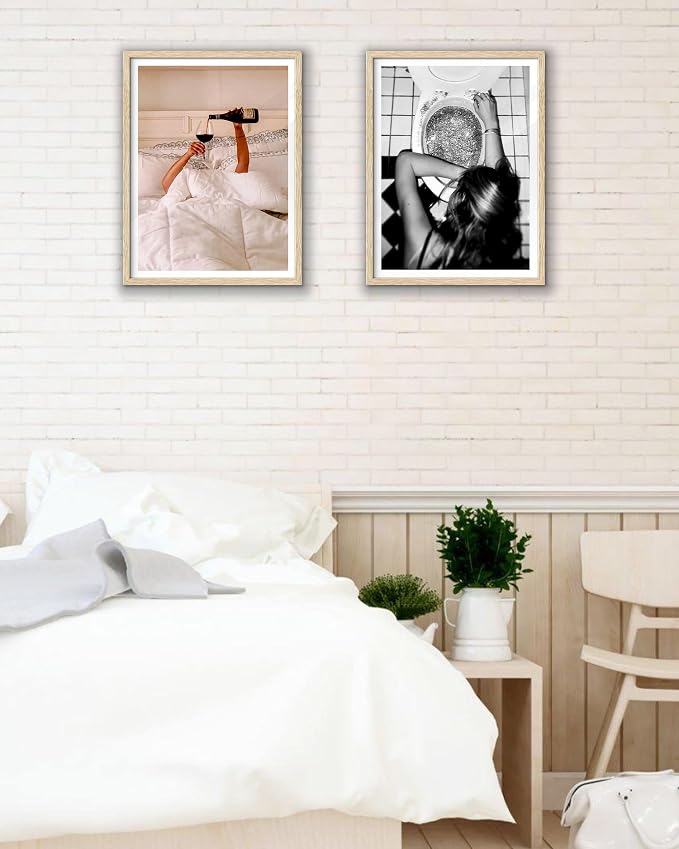 EcoHest Small 8x10 in After the Disco Party Framed Wall Art for Bathroom | Natural Oak Wood Frame, Canvas Wall Art, Black & White Funny Wall Decor for Bathroom, Bedroom, Dorm Room, College Room, 1Pack