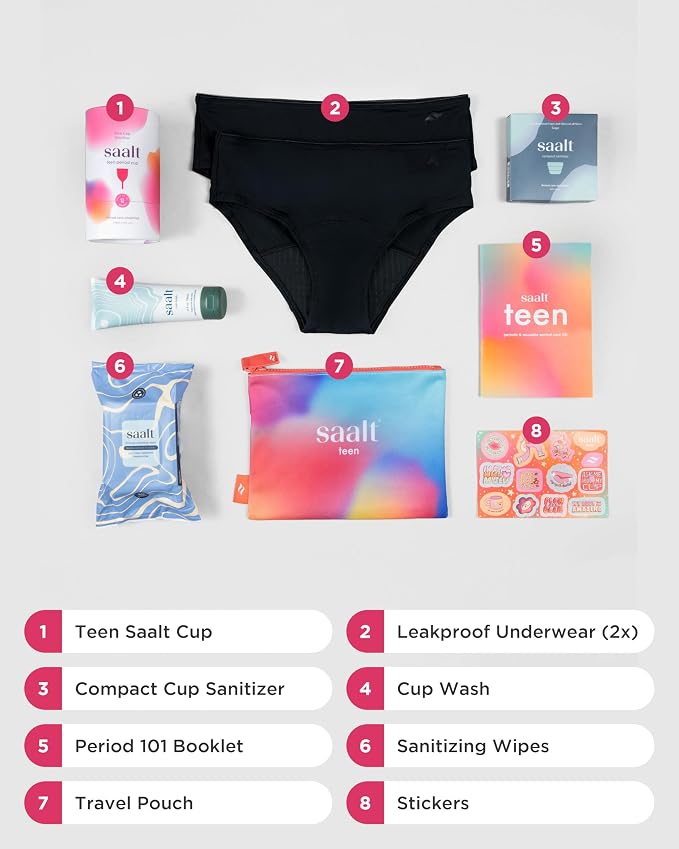 Saalt Teen First Period Kit - Includes Leakproof Period Underwear, Menstrual Cup, Menstrual Cup Wash, Compact Sanitizer, Feminine Wipes, Storage Bag, Saalt Stickers & Period Care 101 Booklet - Small