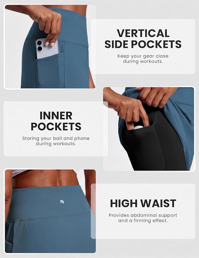 PINSPARK 19" Knee Length Skorts for Woman with Pockets UPF 50+ Golf Skirts | 4 Pockets, Built-in Shorts, High Waisted & Tummy Control, Moisture-wicking for Golf Athletic Tennis Workout Casual