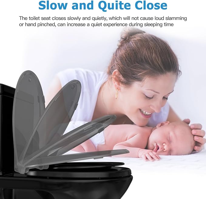 17" Round Black Toilet Seat with Built-In Potty Training Seat, Soft Quiet-Close Non-Slip Design for Adult and Child, Magnetic Kids Seat and Cover, Easy to Install and Clean for Round Toilets