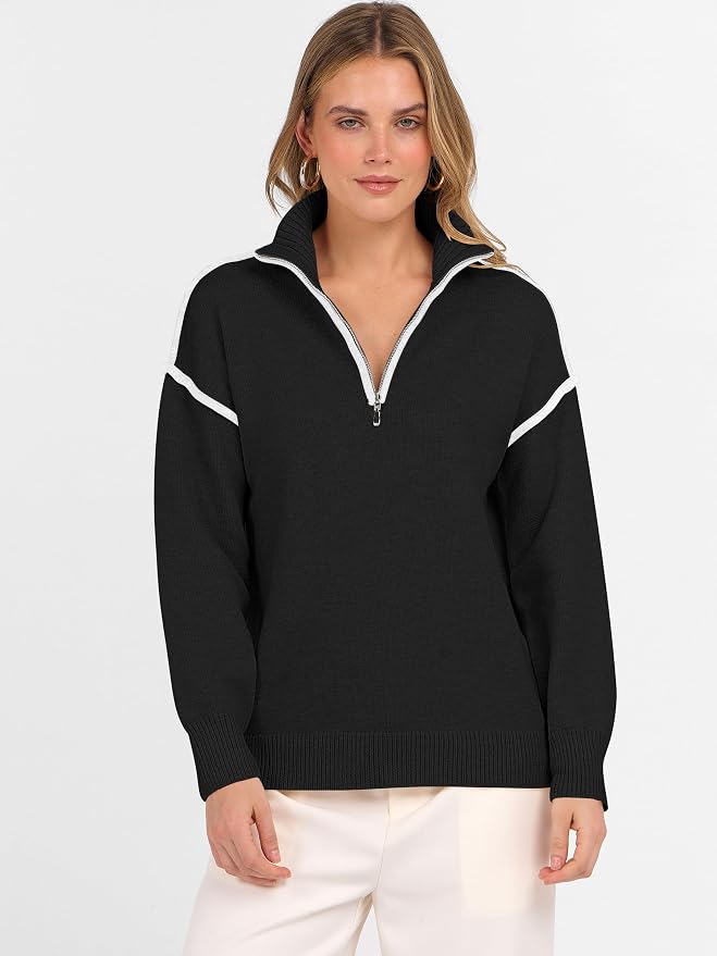 ANRABESS Womens Quarter Zip Sweaters Fall Long Sleeve V Neck Shirts Collared Business Casual Tops Knit Pullover Sweatshirts