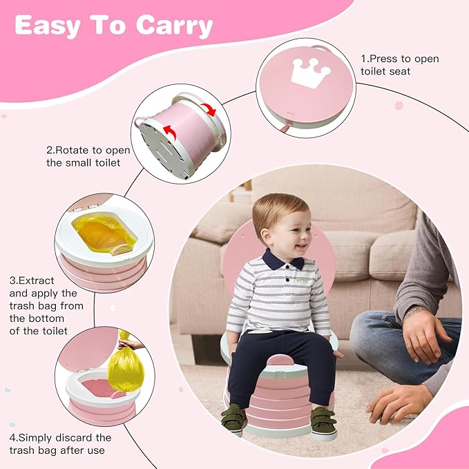 2025 Upgraded Portable Potty Training, Travel Potty for Toddler, portable toilet for kids Foldable, Apply to Seat Emergency Toilet for Camping, Outdoor,Car, Indoor(White-Pink)