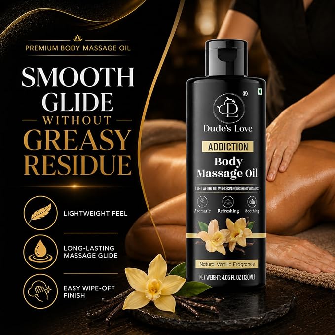 Dude's Love Vanilla Body Massage Oil Organic Non-Sticky Formula with Fractionated Coconut Oil, Vanilla & Jasmine Oil -Light Moisturizing Massage Therapy - 4.05 Fl Oz