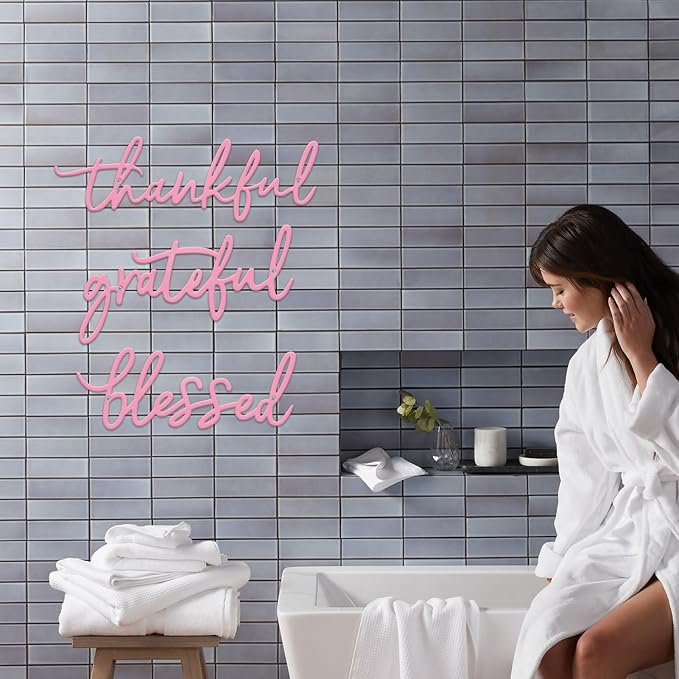 Thankful Grateful Blessed Letter Sign Metal Wall Decor, 3 Pieces Pink Letters Wall Art for Bathroom Bedroom Metal Words Wall Decor for Home Decor (Pink)