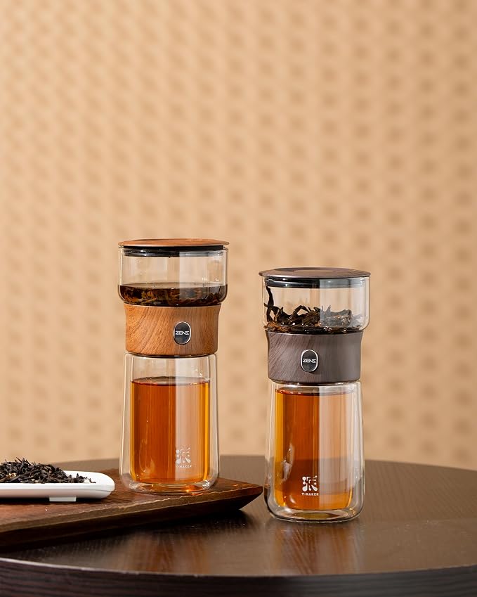 ZENS Modern Glass Infuser Teapot, One Touch Tea Maker for Loose Leaf Tea with Insulated Mug and Portable Case. Enchanted Pot Alternatives for Tea Lover Gifts