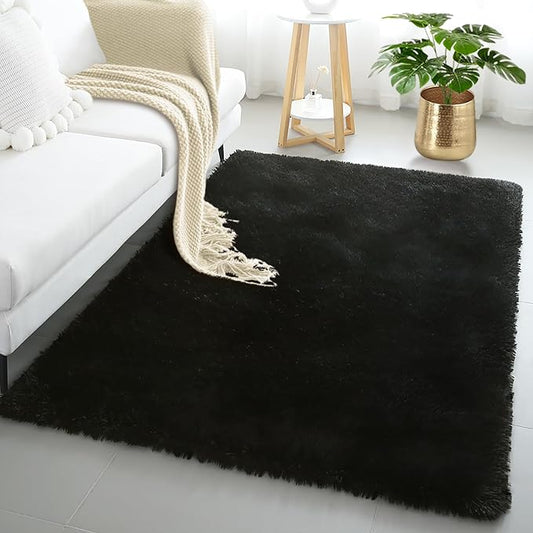4x6 Black Fluffy Shag Rug for Bedroom, Plush Washable Carpet | Area Rug for Living Room, Kids Nursery, Boys Girls Dorm Room, Non Slip Shaggy Floor Carpet