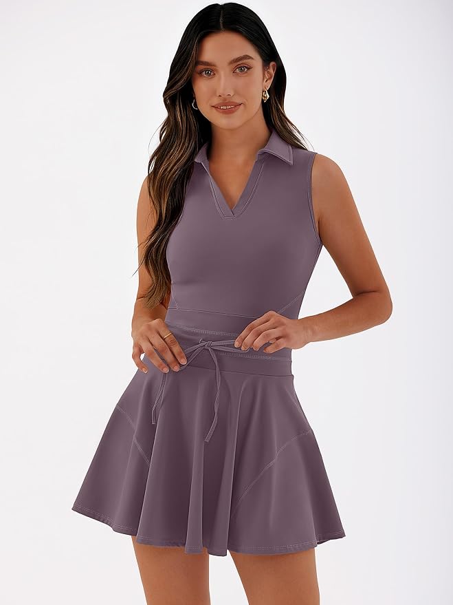 Caracilia Women's 2 Piece Tennis Dress Set-Polo Neck Sleeveless Mini Dresses with Shorts,Golf Casual Workout Athletic Sports