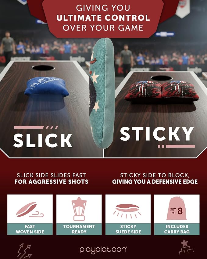 Play Platoon Pro Cornhole Bags Set of 8 - Professional Dual Sided Slick and Sticky Side Competition Corn Hole Bags - Tournament Series