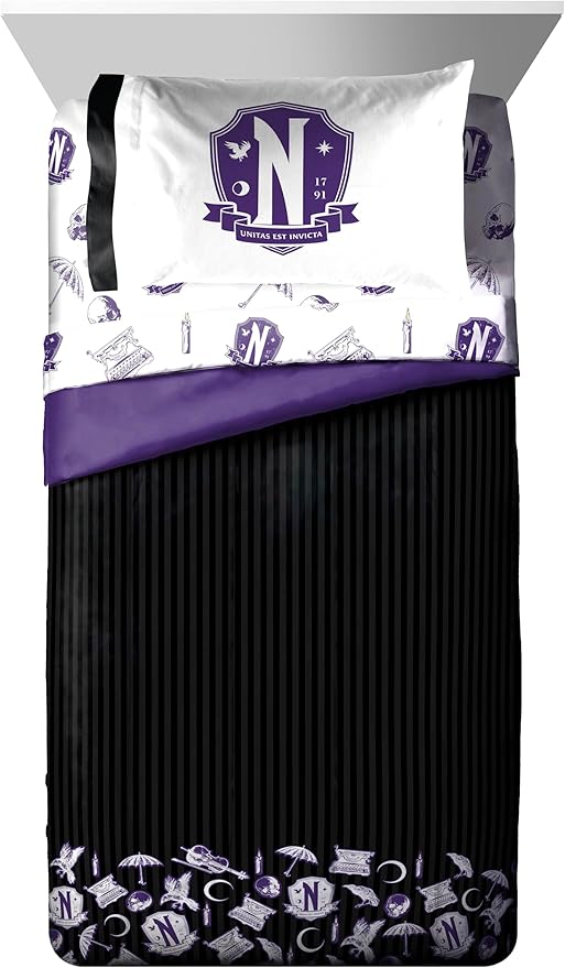 Jay Franco Wednesday Addams Twin Comforter Set 5 Piece Bedding Includes Sheet Set & Pillow Covers - Black and Grey Stripes Super Soft Kids Bedding