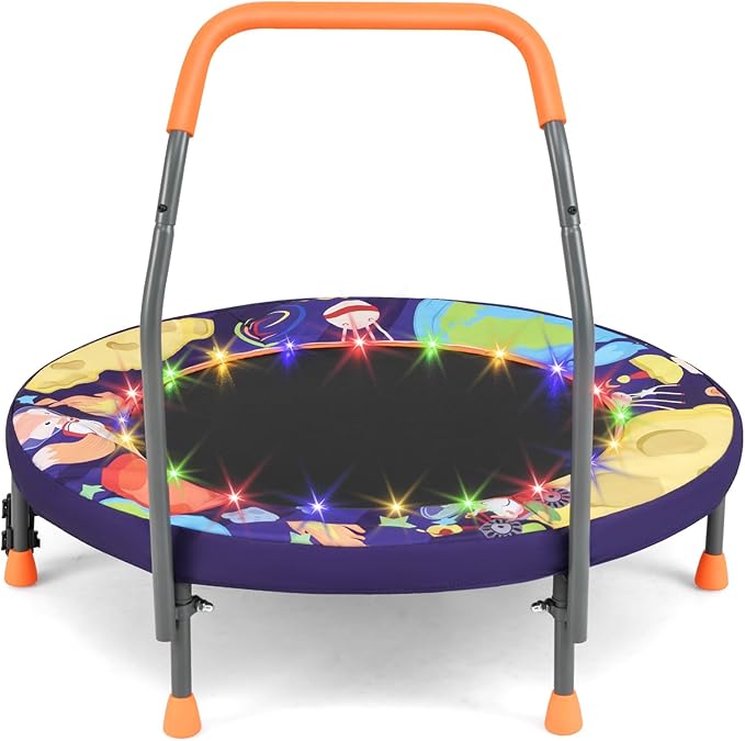 GYMAX 36” Toddler Trampoline with Lights, Folding Springless ASTM Approved Small Kids Rebounder with Foam Handle, Safety Padded Cover & Foldable Legs, Mini Indoor Baby Trampolines