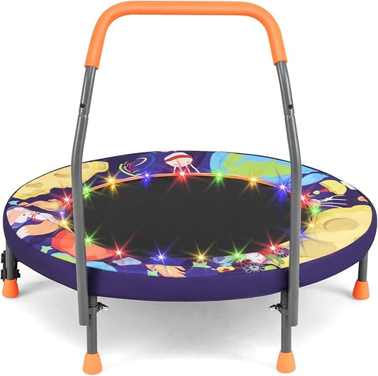 GYMAX 36” Toddler Trampoline with Lights, Folding Springless ASTM Approved Small Kids Rebounder with Foam Handle, Safety Padded Cover & Foldable Legs, Mini Indoor Baby Trampolines