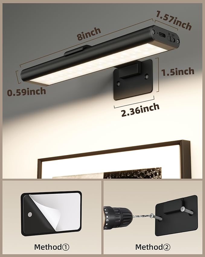 EZVALO Picture Light for Wall, Rechargeable 2400mAh Lights Wireless with IR Remote, 3 Color & Dimmable Magnetic 7.8'' LED Lights Display for Painting, Living Room, Gallery, Bedroom(Black-3P)