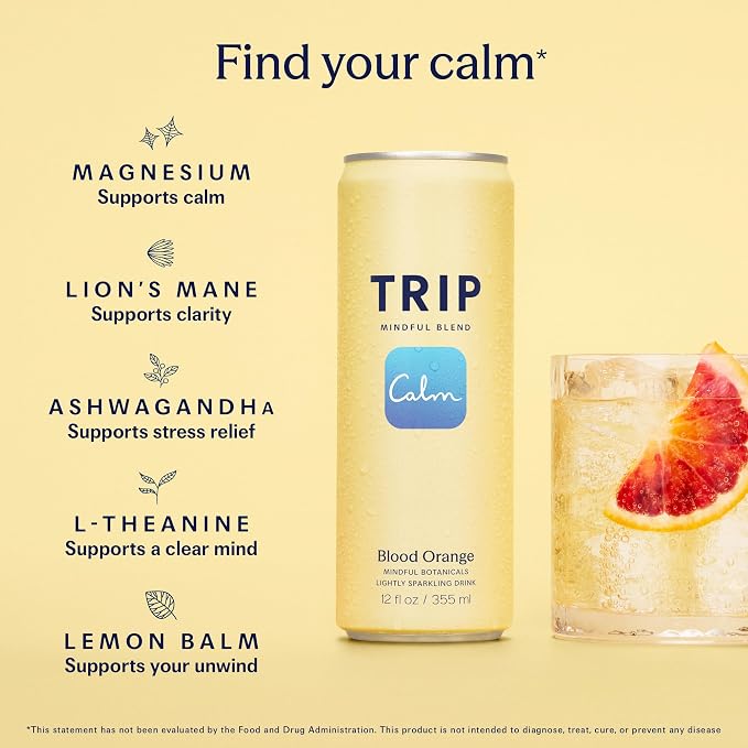 TRIP Lightly Sparkling Adaptogen Drink, Non Alcoholic Drink with Magnesium, Ashwagandha, Lions Mane & L Theanine, No Added Sugar Mocktail, Vegan, Blood Orange, 12 Oz, 12Pk