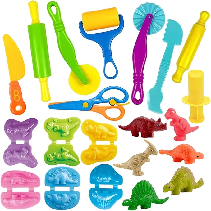 Unleash Creativity with 9 Pcs Play Dough Tools and 6 Unique Dino Molds Dough Toys Accessories Set Whit 5 Bright Color