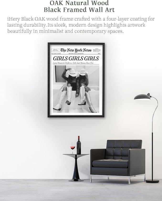 iHery 16x20in Girls Just Wanna Have Fun Framed Newspaper Wall Art | Premium Black Natural OAK Wood Frame with Canvas Print, Western Cowgirl Decor for Bedroom, Dorm Bar Cart, 1Pack