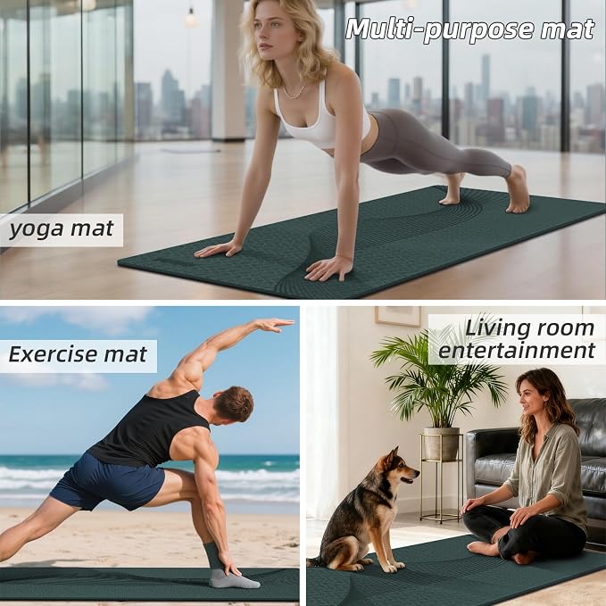 Large Exercise Mat | 10mm Thick TPE Non-slip Gym Mats, Carrying Strap