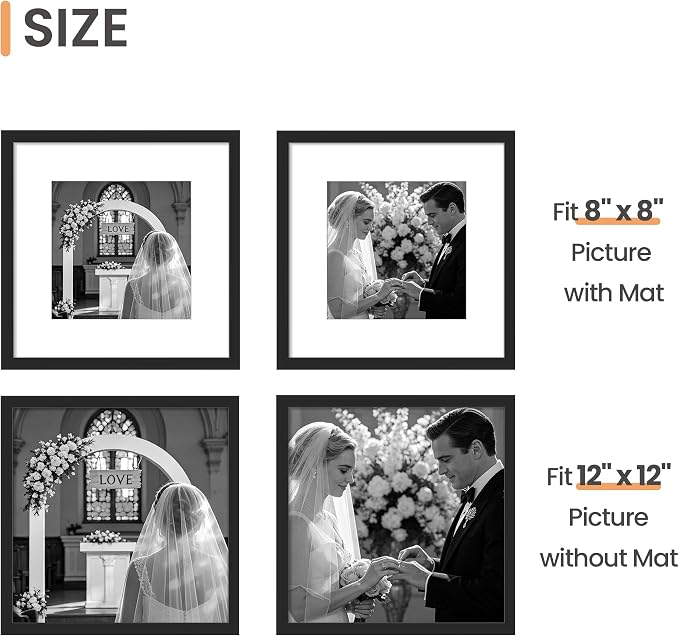 upsimples 12x12 Picture Frame Set of 5, Display Pictures 8x8 with Mat or 12x12 Without, Wall Gallery Poster Frames, Black
