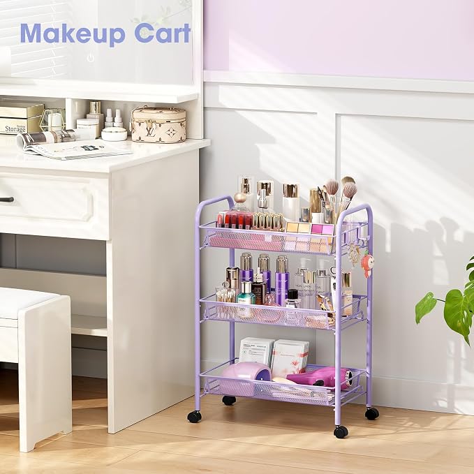 TOOLF 3 Tier Rolling Cart, Metal Utility Storage Cart with Wheels, Purple | 3 Hooks, Screwless Assembly, Trolley Organizer for Bathroom, Kitchen, Office, Nursery, Dorm, Laundry Room