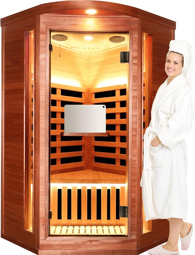 OUTEXER Corner Sauna for One Person Far Infrared Sauna Low-EMF African Mahogany Wood 1300W Indoor Saunas Wood Wax Oil on Outer Surface 37 * 37 * 71Inch